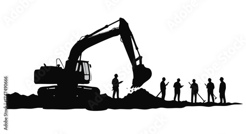 Silhouette of an excavator and construction workers at a building site, working on the ground with tools and equipment, in black and white.