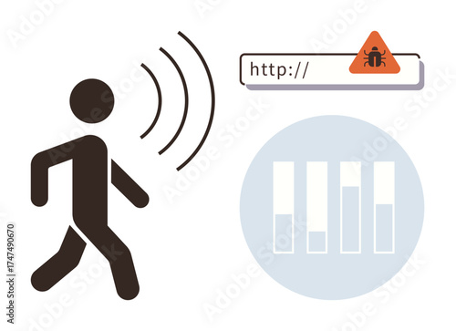 Person emitting wireless signals, malware warning over a web address, and bar chart depict online threats, cybersecurity, data monitoring. Ideal for technology, privacy insights, analysis, network