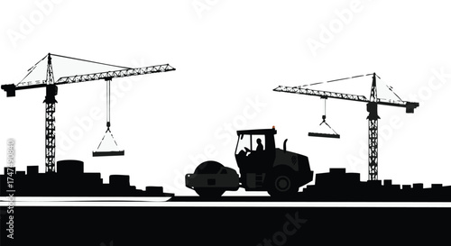 Silhouette of construction equipment and cranes working on a building site against a stark white background, showcasing urban development.