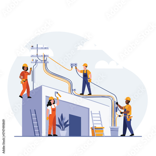A team of diverse electricians working together to install and maintain electrical wiring on a residential building, ensuring safety and functionality.