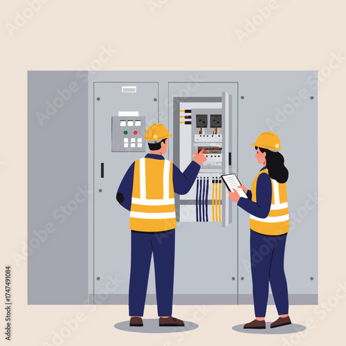 Two electrical engineers in safety vests examine a control panel, ensuring proper functionality and maintenance within an industrial setting.