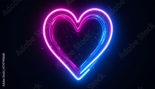 Bright neon pink and blue glowing heart shape on dark background
