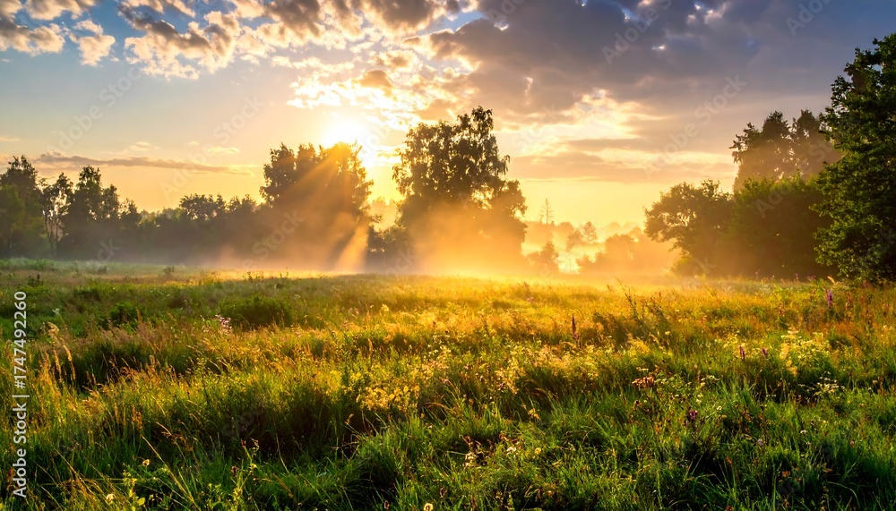 Obraz premium Sunrise through mist over a grassy field