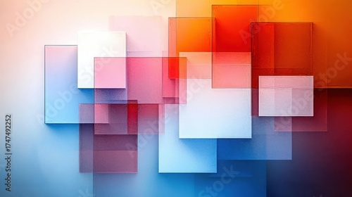 Abstract composition of translucent overlapping squares and rectangles in shades of blue, red, orange, and white creating a modern geometric pattern