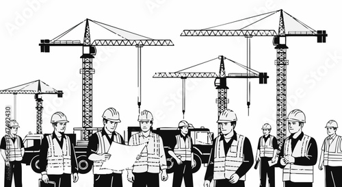Construction workers and cranes are illustrated in a black and white graphic, depicting teamwork and building progress on a project.