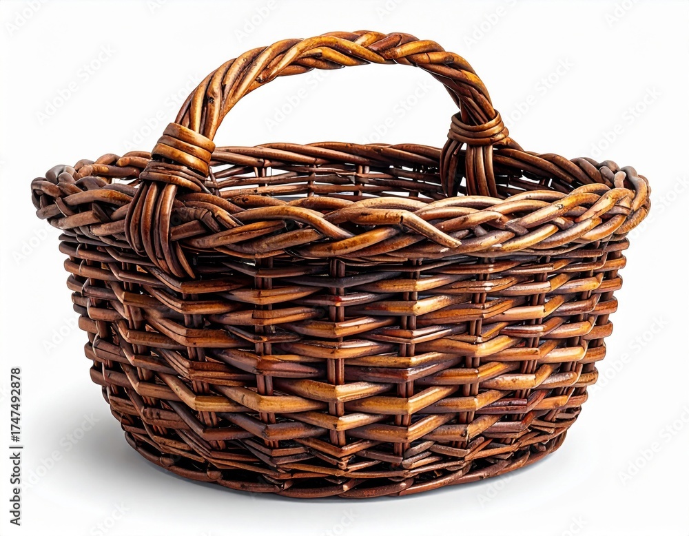 Obraz premium Woven Brown Basket with Handle on White Background Shadow Isolated