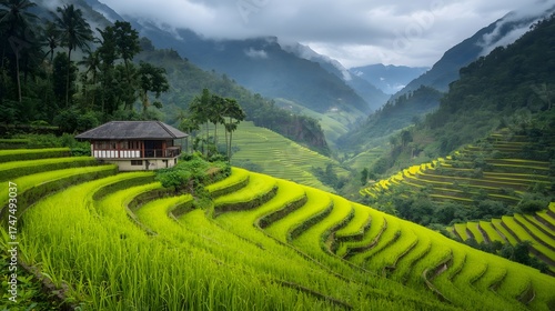 Beautiful green rice terraces on mountain slopes with small wooden house under cloudy sky, symbolizing harmony, agriculture, and natural beauty of rural landscape and sustainable farming tradition