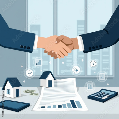 Real estate deal closing with handshake and miniature houses