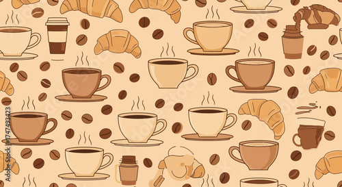 Seamless pattern of coffee cups, croissants, and coffee beans