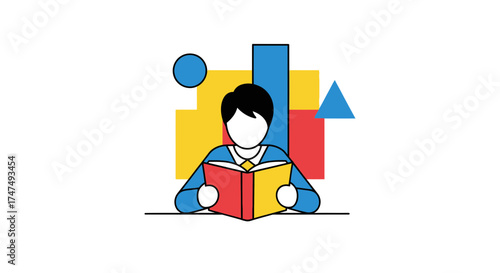Person reading a book with abstract shapes and charts