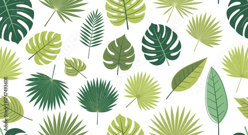 Seamless pattern of various green tropical leaves on