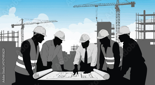 Construction workers in silhouette gather around a blueprint, discussing a project with cranes in the background, assessing the building's design.
