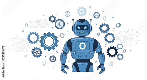 Blue robot with gears and circuits