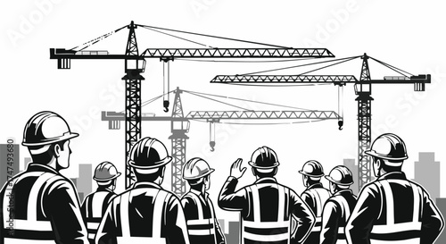 A group of construction workers in safety vests and helmets observe multiple towering cranes against a city skyline, planning the project.