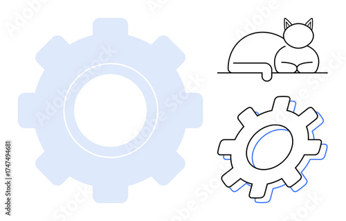 Two gears and a calm cat outline embody productivity and relaxation. Ideal for teamwork, balance, workflow, relaxation, coexistence, organization, efficiency. A simple flat metaphor