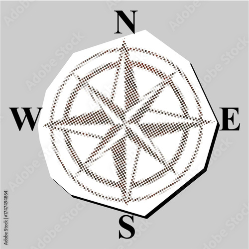Wind rose halftone dotted collage element pointillize in paper torn vector. Ideal for orientation, geography, and nautical chart themes