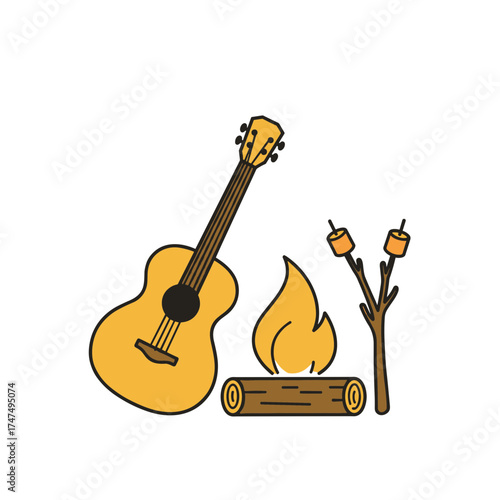 Acoustic guitar by a campfire with marshmallows on sticks.