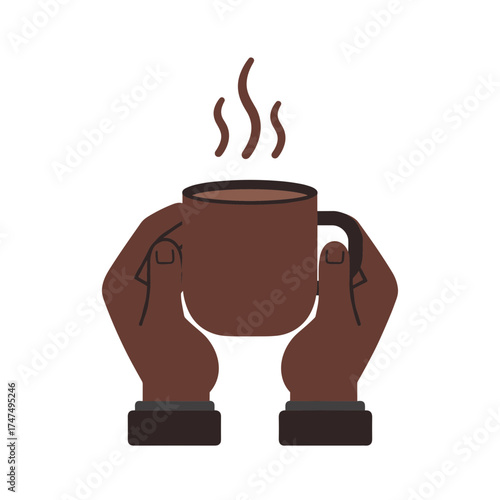Hands holding a hot steaming mug of coffee or tea illustration.