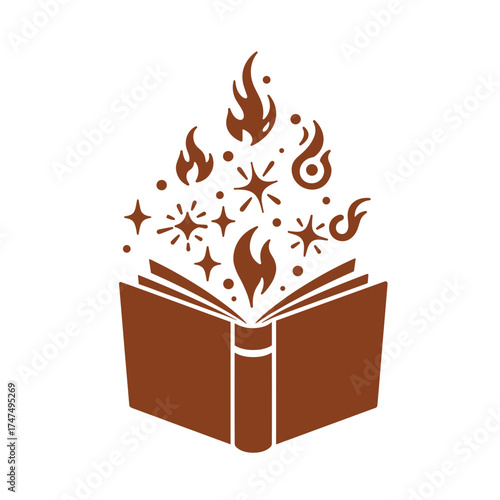 Open book with magical flames and stars emanating from pages symbolizing imagination and knowledge.