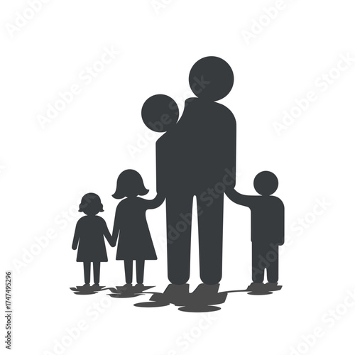 Silhouette of a loving family with a parent holding a baby and three children.