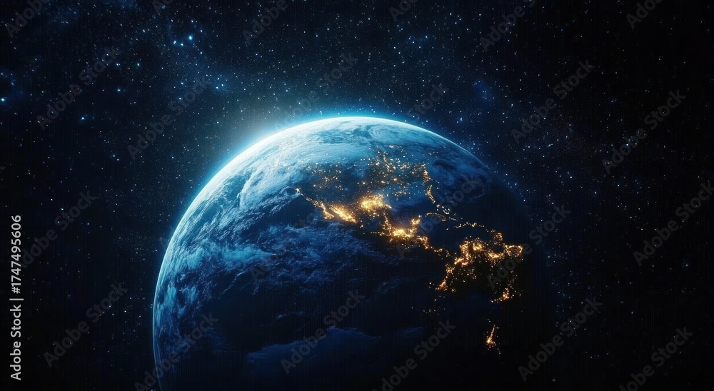 Obraz premium View of Earth from space showing illuminated land masses and city lights with the sun rising behind the planet against a starry background