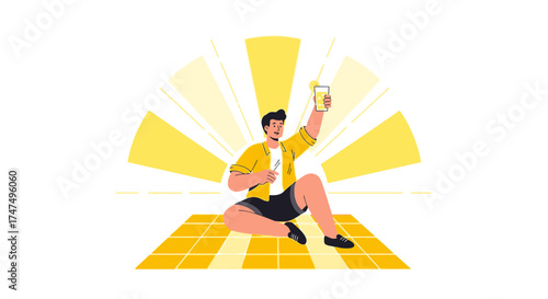 Joyful Man Illuminated by Sunlight, Capturing Moment with Smartphone