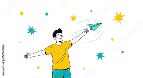 Joyful Man Launches Paper Airplane, Symbolizing Dreams, Aspirations, And Freedom