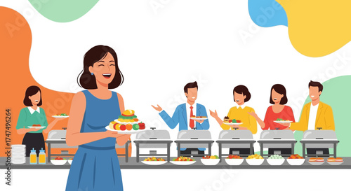 Joyful People Feasting at a Colorful Buffet Spread, Smiling and Enjoying Themselves