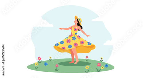 Joyful Woman In Floral Dress Dancing Outdoors Under A Sunny Sky Happiness