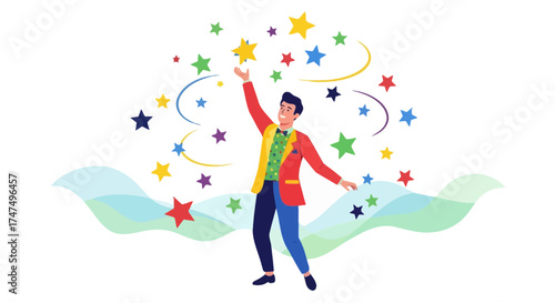 Joyful Person Reaching For Colorful Stars in Whimsical and Dreamy Environment