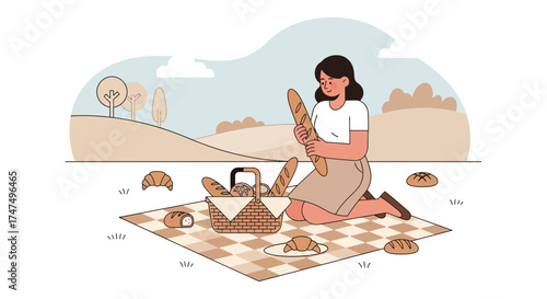 Joyful Woman Prepares Picnic Basket with Fresh Bread and Delicious Pastries Outdoors