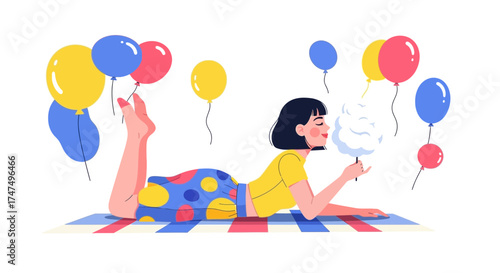 Joyful Person Relaxes, Reaching For Treat, Surrounded By Colorful Balloons, Vector Illustration