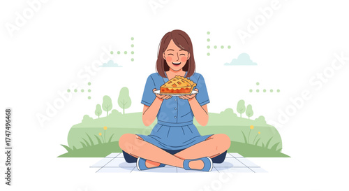 Joyful Woman Presenting Delicious Pie at Picnic Scene, Smiling with Exuberance