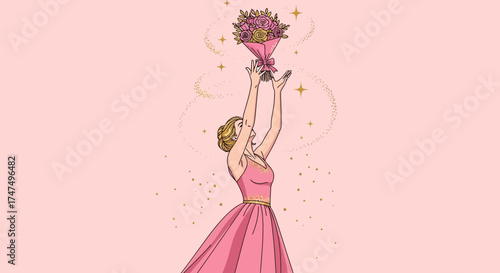 Joyful Woman Reaching For a Bouquet of Blossoms, Celebratory and Elegant Illustration