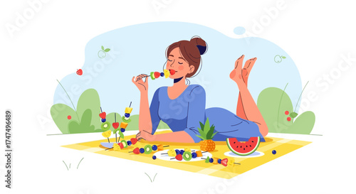 Joyful Woman Relaxing And Enjoying Fruits On A Picnic Blanket During Sunshine Weather