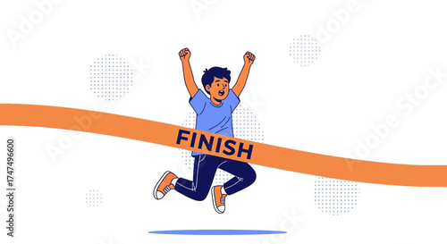 Joyful Young Athlete Breaching Finish Line in Exuberant Celebration of Victory