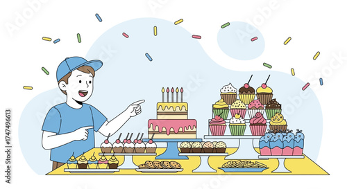Joyful Young Boy Celebrating Birthday With Delicious Cakes And Sweet Treats