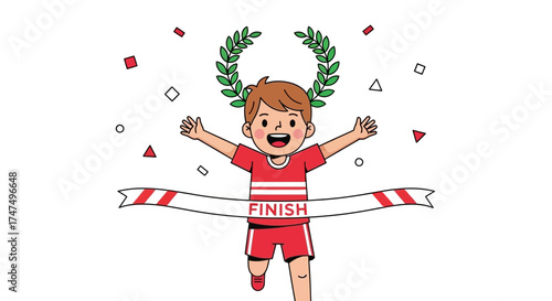 Joyful Runner Celebrating Victory With Laurel Wreath And Triumph Finish Line