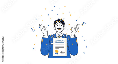 Joyful Scholar Celebrating Academic Achievement with Certificate and Confetti Showering