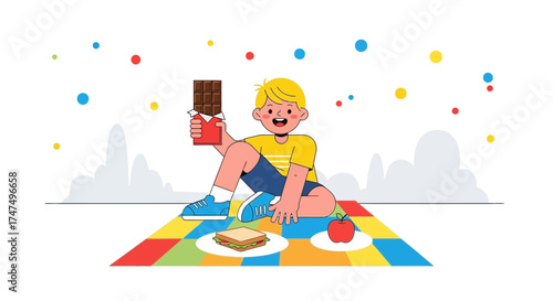 Joyful Young Boy enjoying Chocolate Dessert and Picnic Lunch at a Sunny Location
