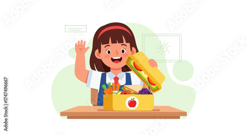 Joyful Schoolgirl Displaying Freshly Prepared Lunchbox Contents With Enthusiasm