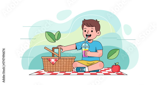 Joyful Young Boy Enjoys Refreshments During A Delightful Picnic Experience