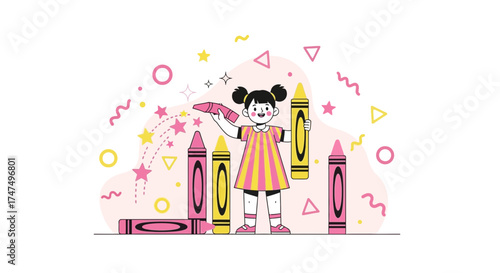 Joyful Young Girl Holding Crayons, Cartoon Illustration for Childhood Design
