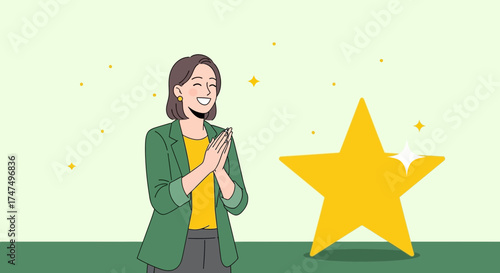 Joyful Woman Achieves Success: Praising a Glittering Star to Symbolize Accomplishment