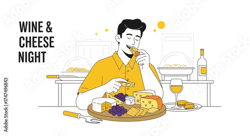 Joyful Wine Tasting Event Featuring a Man Enjoying a Selection of Fine Cheeses and Drinks
