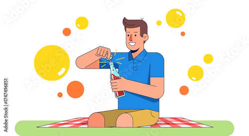 Joyful Young Man Opens a Bottle of Beverage on Picnic with Summer Sunshine Around
