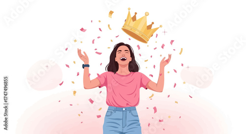Joyful Woman Celebrates Achievement with a Crown and Festive Confetti Celebration Illustration