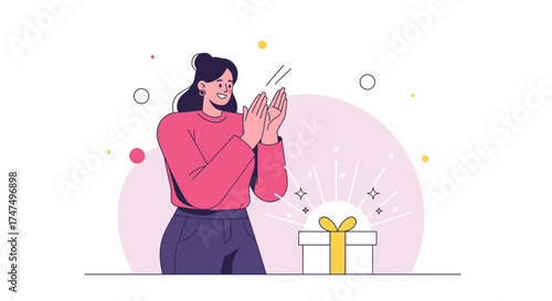 Joyful Woman Celebrates Receiving a Gift Clapping Hands Enthusiasm and Appreciation