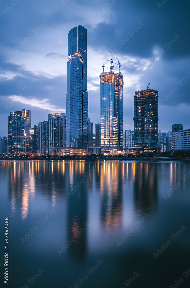 Fototapeta premium Modern City Skyline at Dusk with Reflections