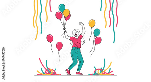 Joyful Woman Celebrating With Balloons and Colorful Streamers Against a White Background